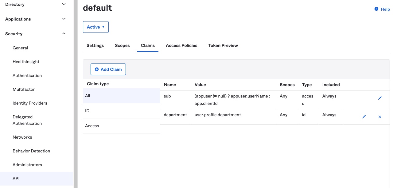 new claimed named 'department' in claims list within Okta dashboard