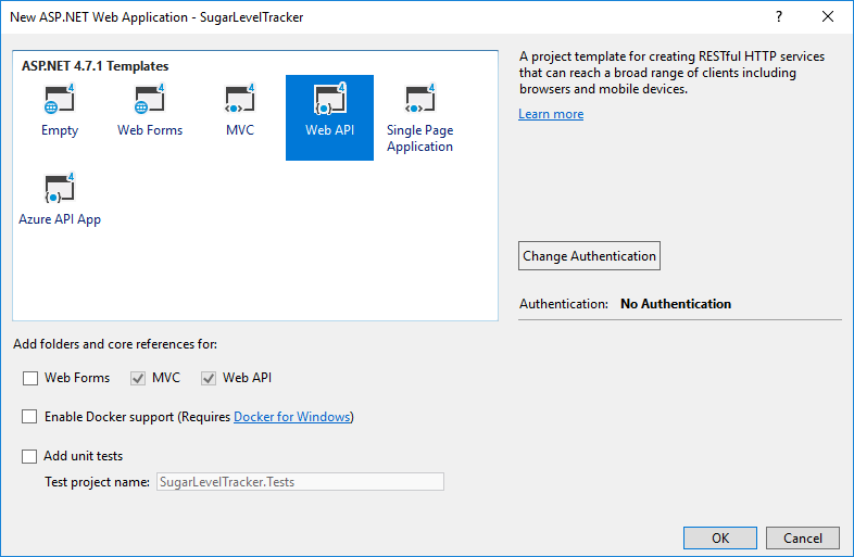 Dialog to choose Web API as project type.