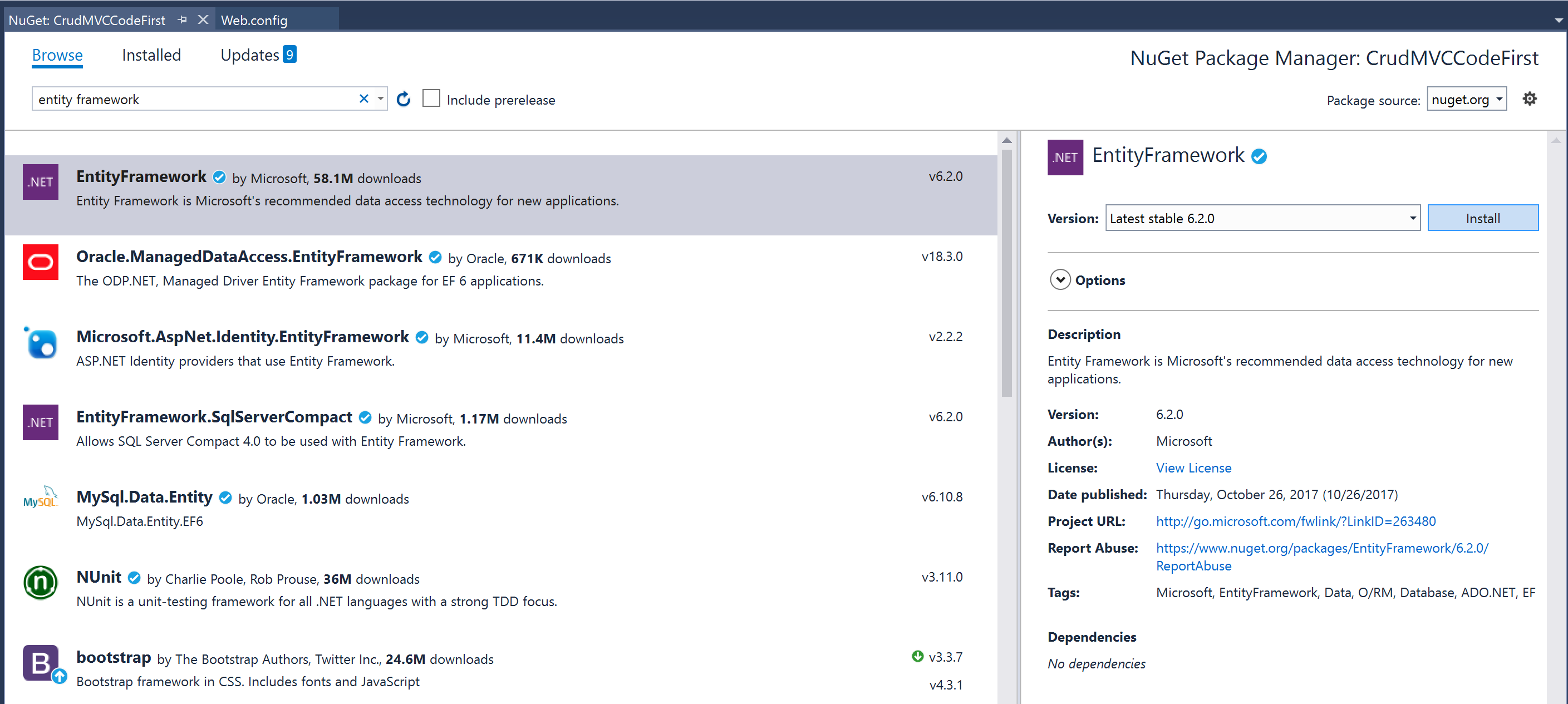 Visual Studio NuGet Entity Framework