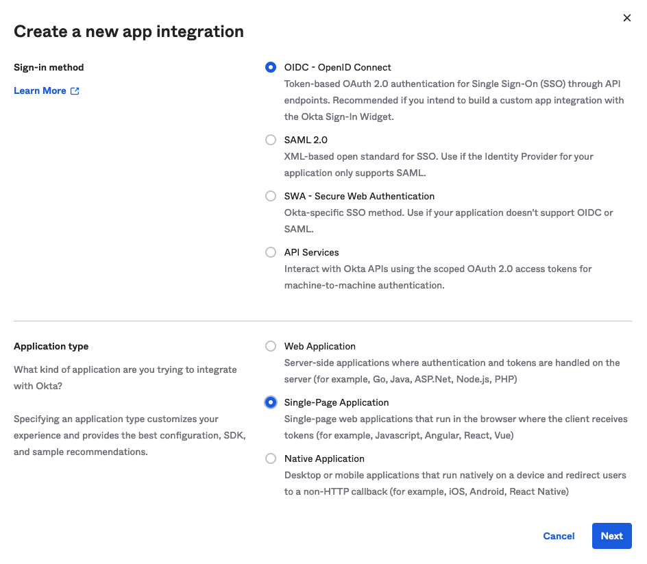 Screenshot of creating a new app integration with Okta using OIDC