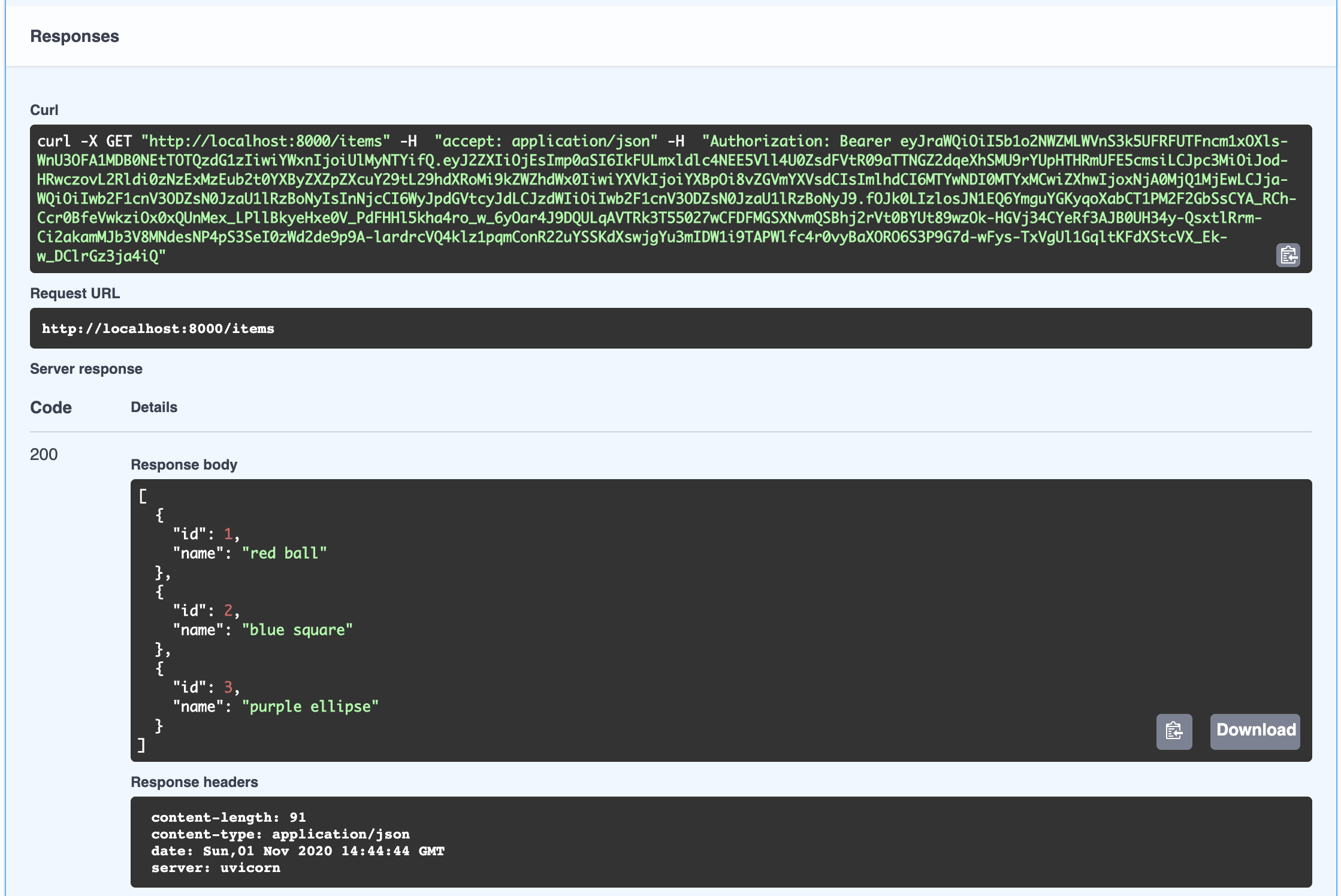 Response from FastAPI documentation