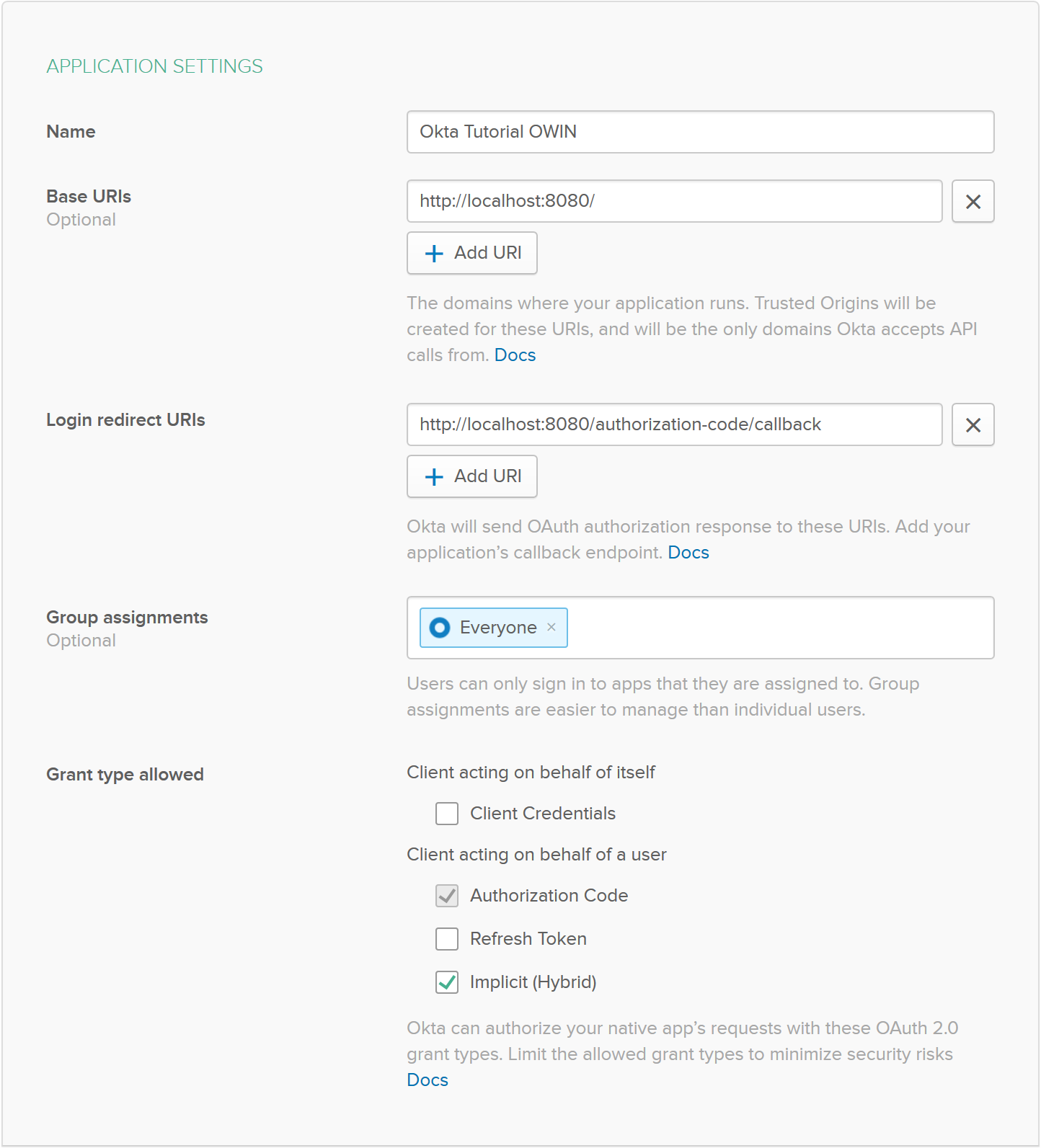 Okta Application Settings