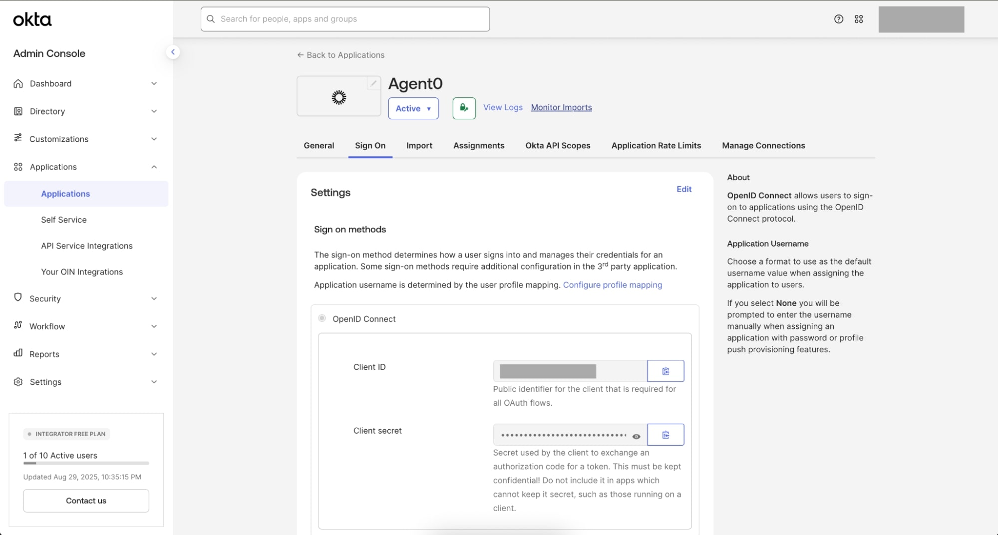 View Client ID and Client Secret for Agent0 Requesting App in Okta Admin Console