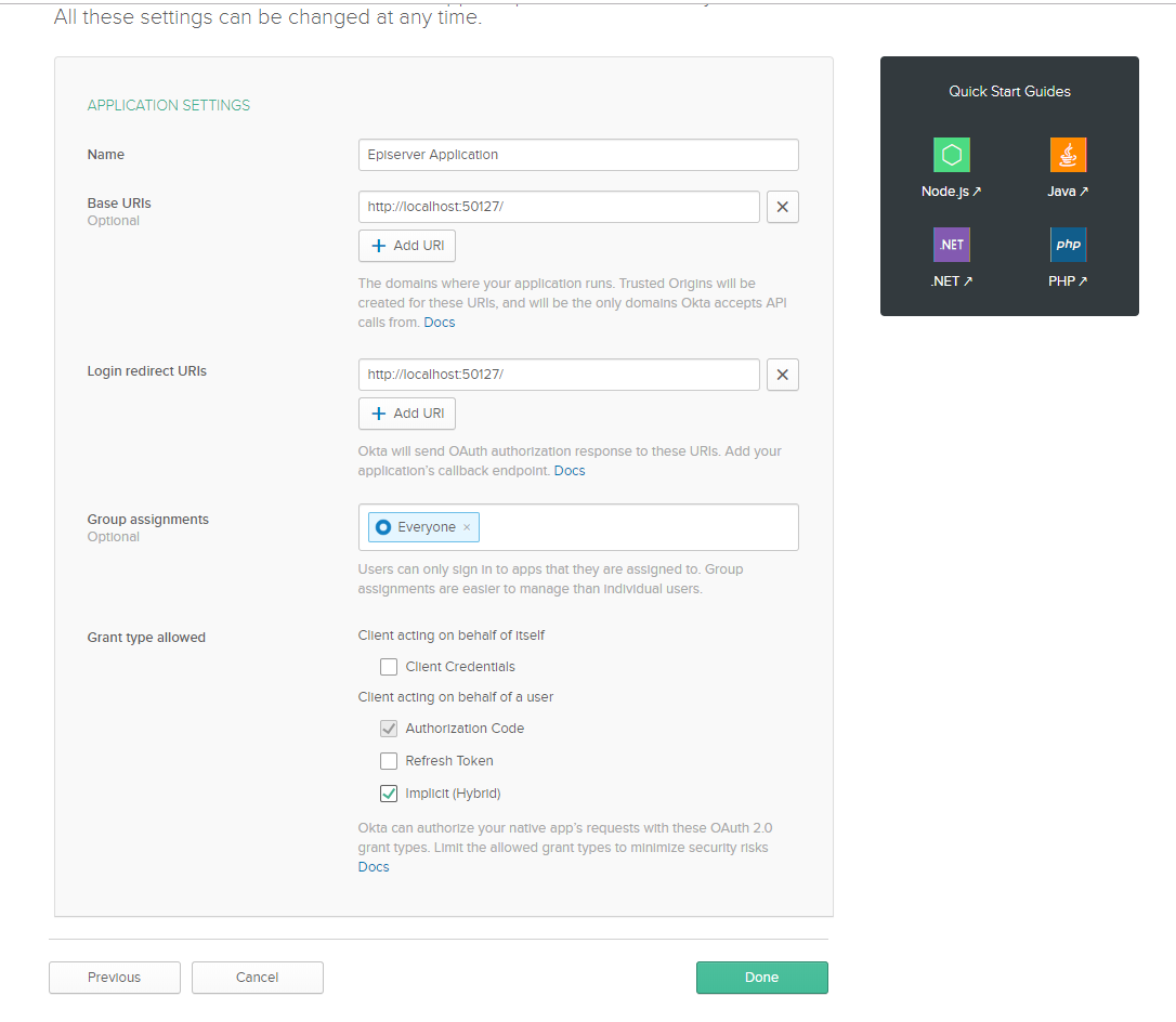 Okta application configuration