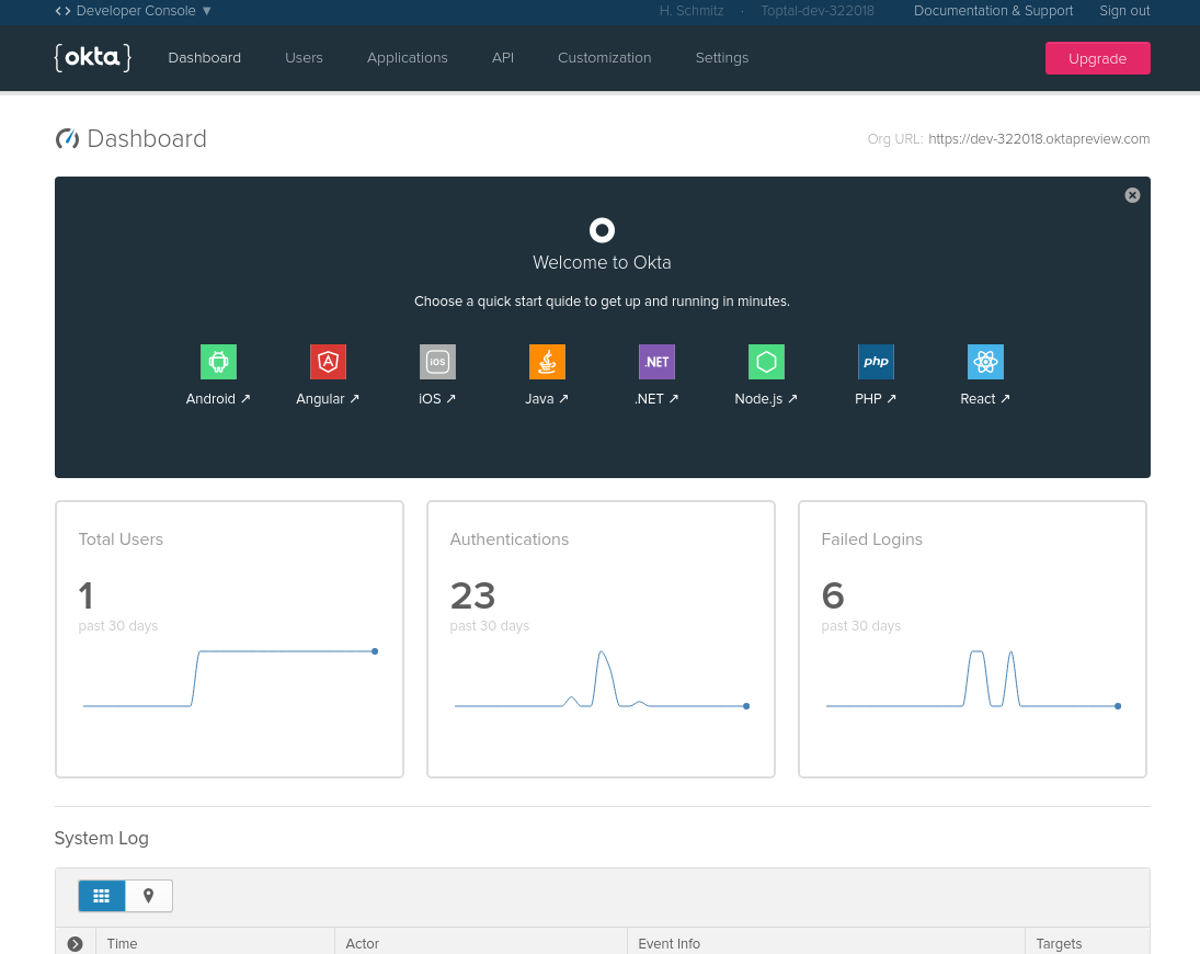 Okta dashboard