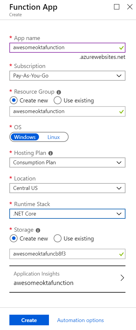 Fill out new Functions App form