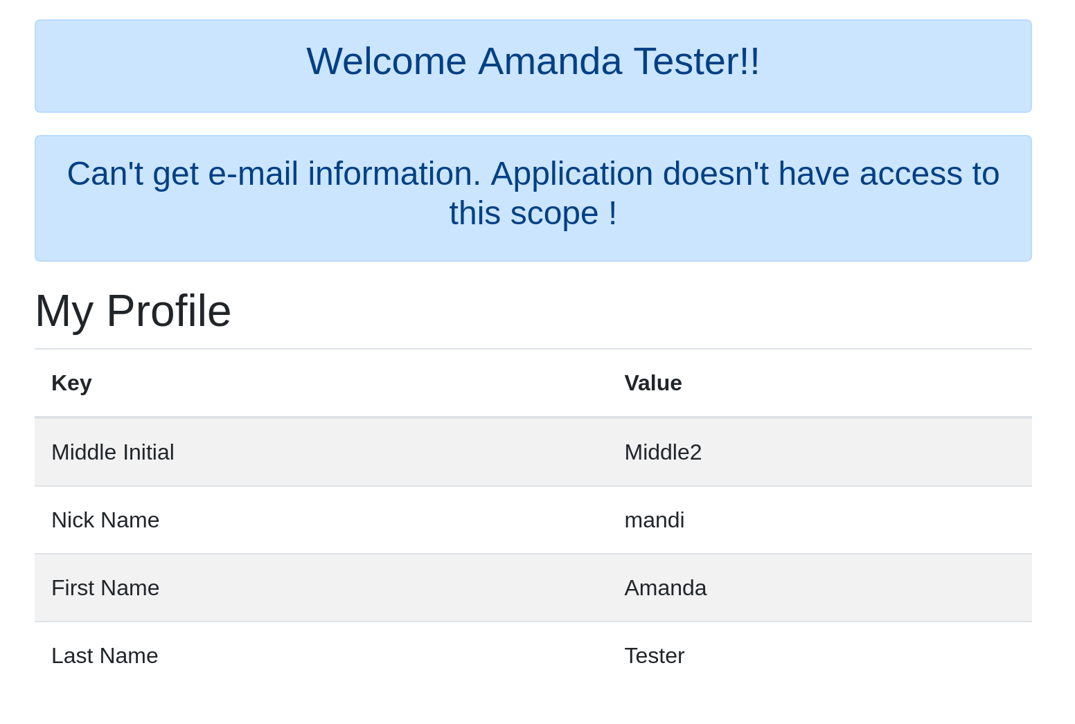 Screen shot, Amanda Tester profile without email scope