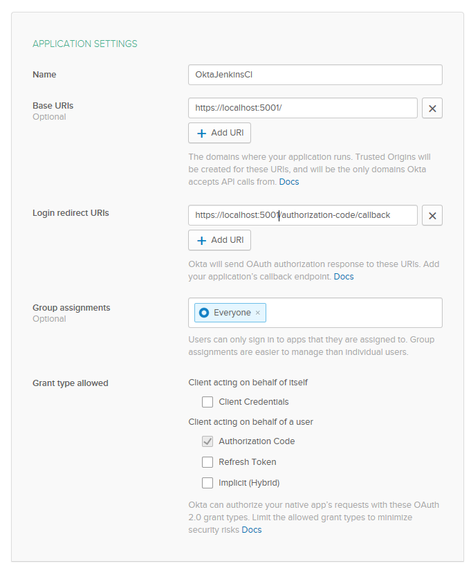 Okta application settings