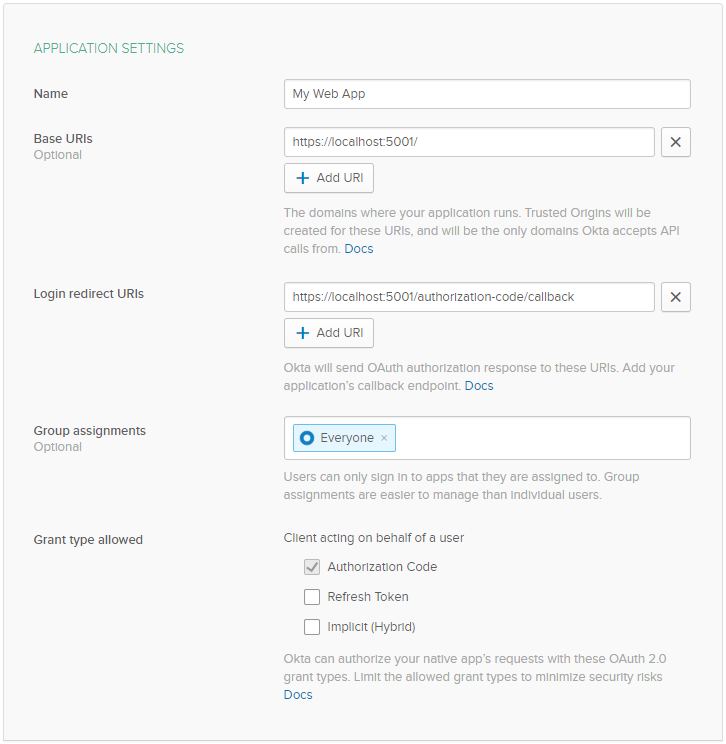 Okta Application Settings