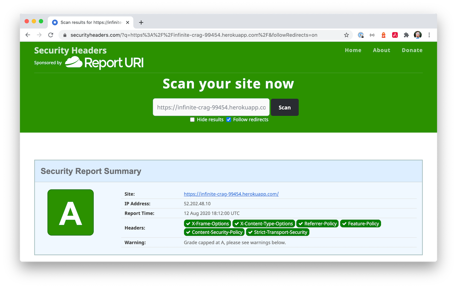 Security Header Score (A) for Heroku Docker container