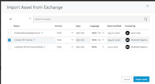 Mulesoft import asset screen