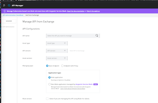 Mulesoft manage API screen