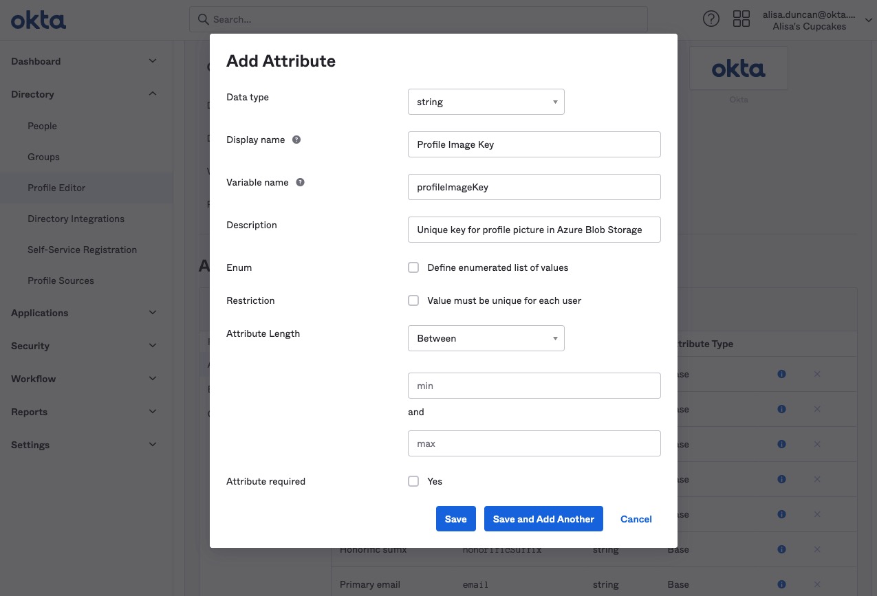 Custom attribute settings showing display and variable name for 'Profile Image Key'