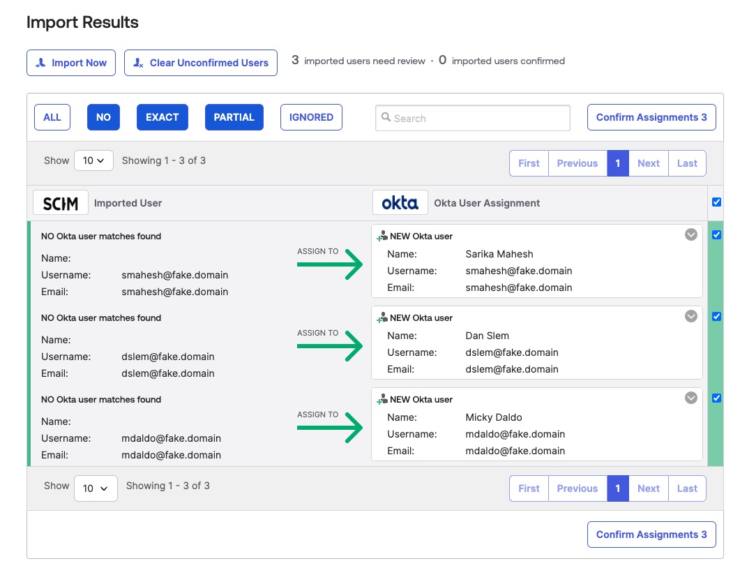 Image of users detected by Okta during import.