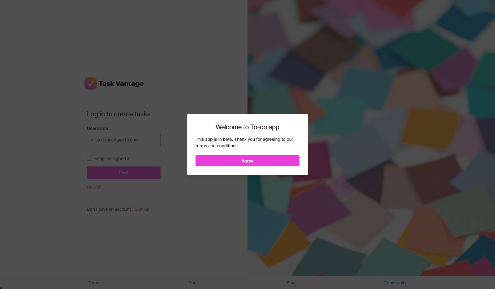 A modal which displays on top of the sign-in page where the user must accept terms before continuing
