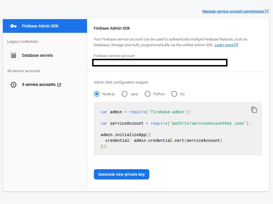 Screenshot of 'Firebase Admin SDK' view with a button to 'Generate new private key'