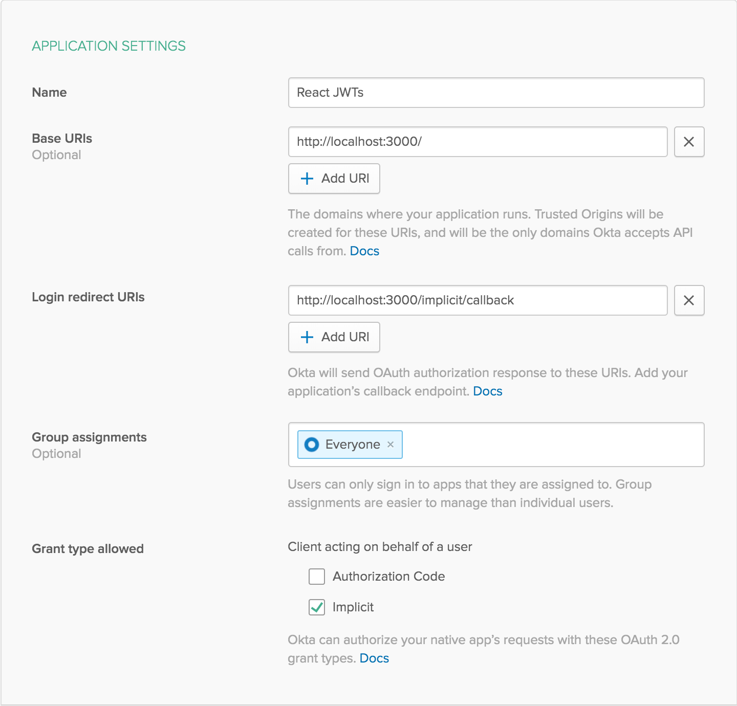 Create New Application Settings