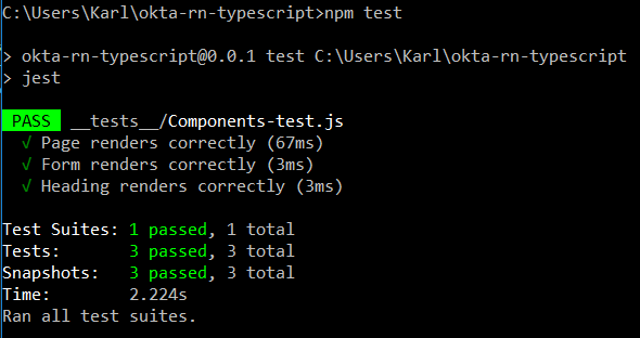Output from running npm test