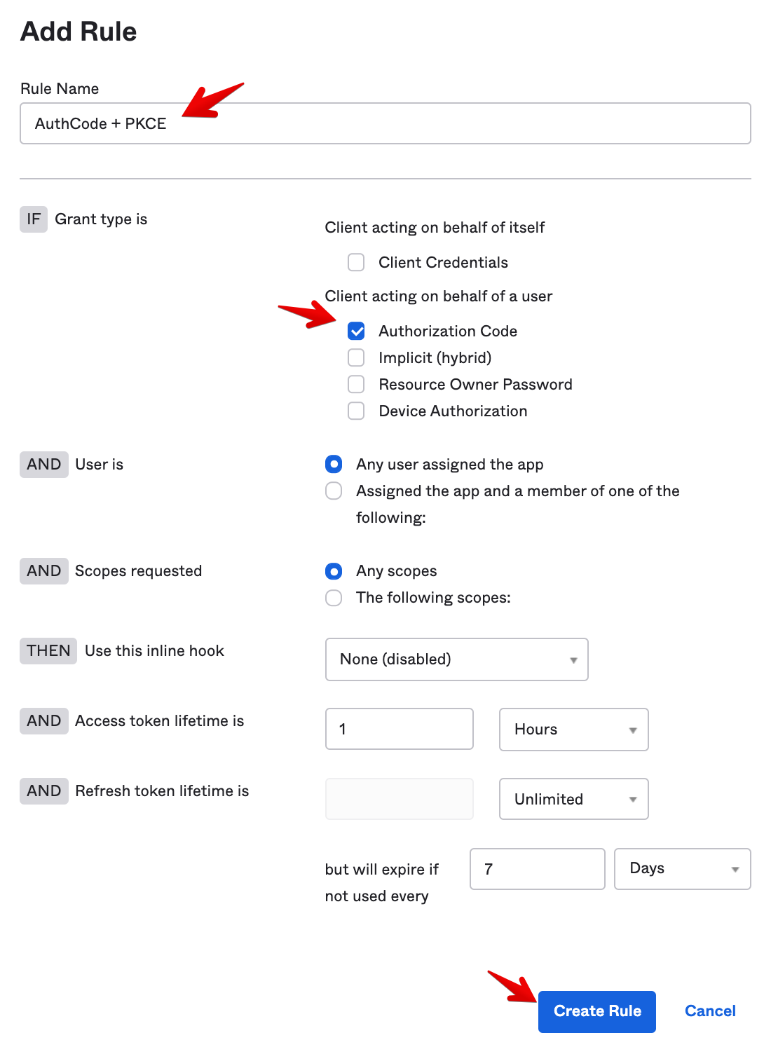 Okta Admin Console - Authorization Server - Rule Configuration