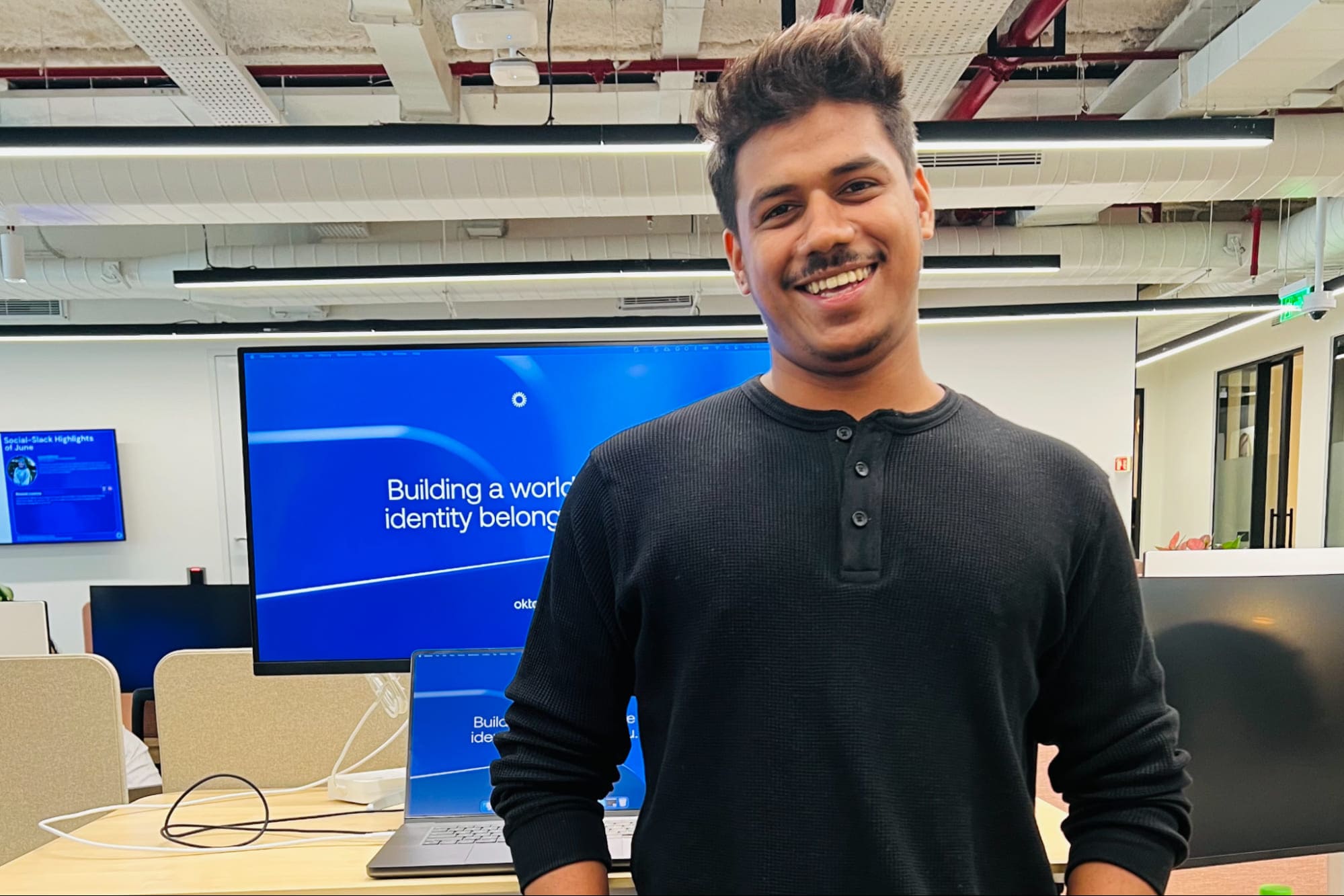 A photo captured on my first day at the Okta Campus in Bengaluru, near my workstation
