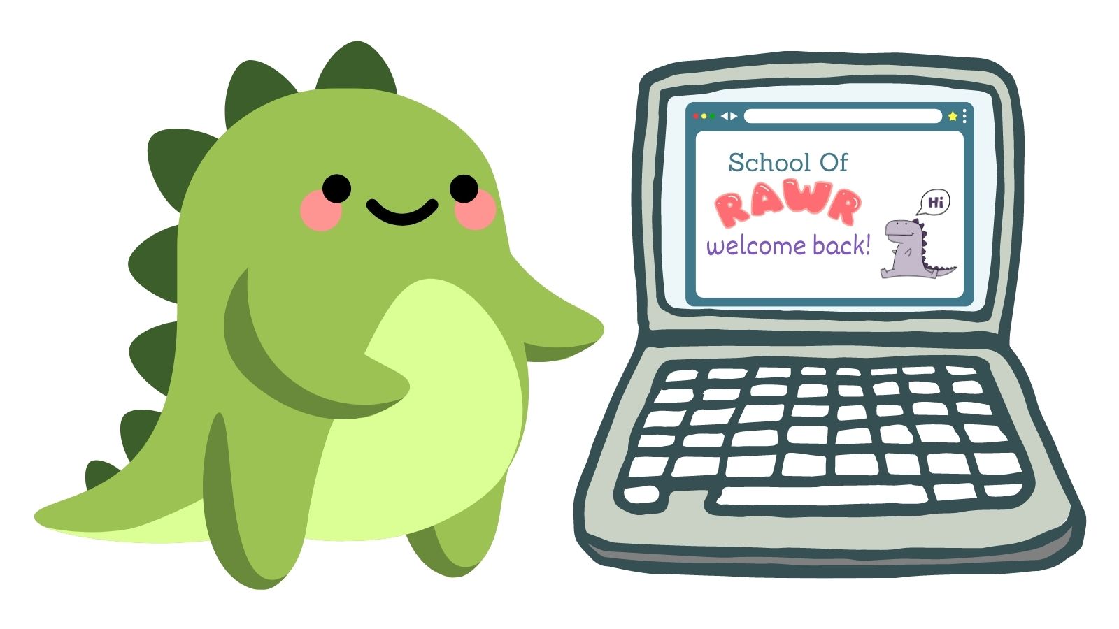 A happy dinosaur getting ready to start a lesson in how to rawr