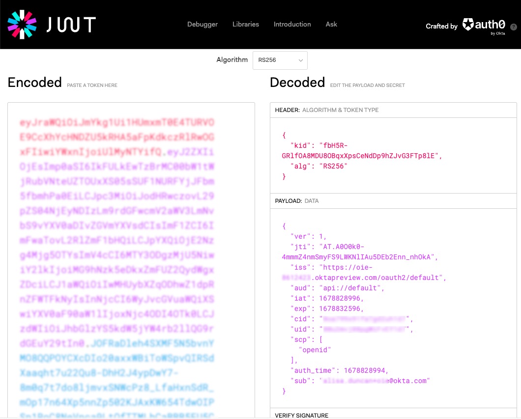 JWT inspection in the JWT debugger