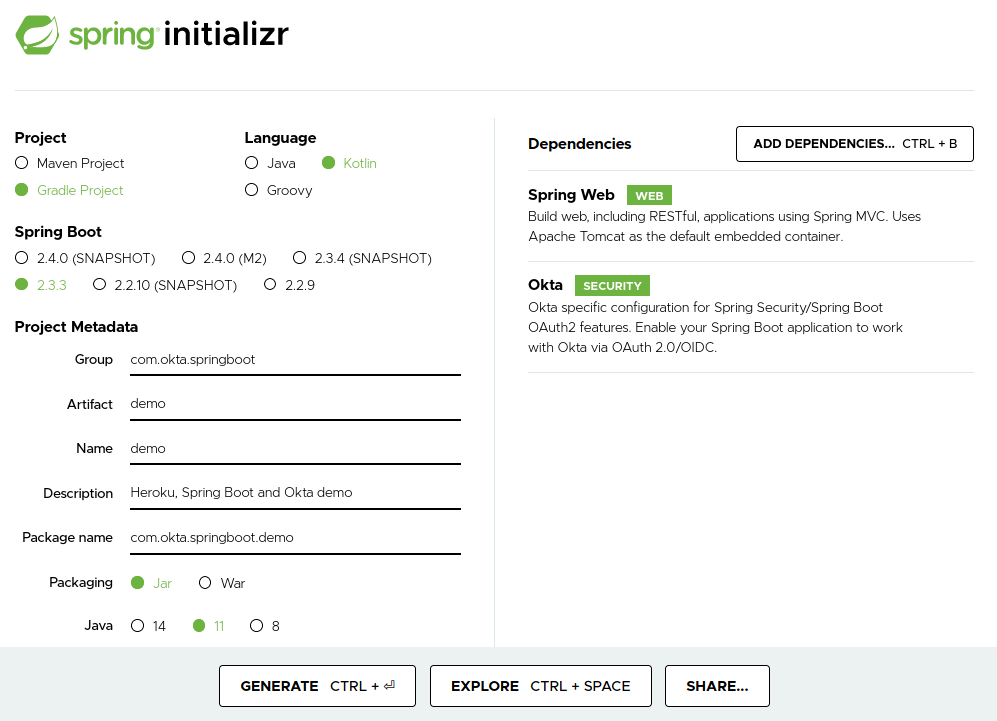 Spring Initializr with selected options