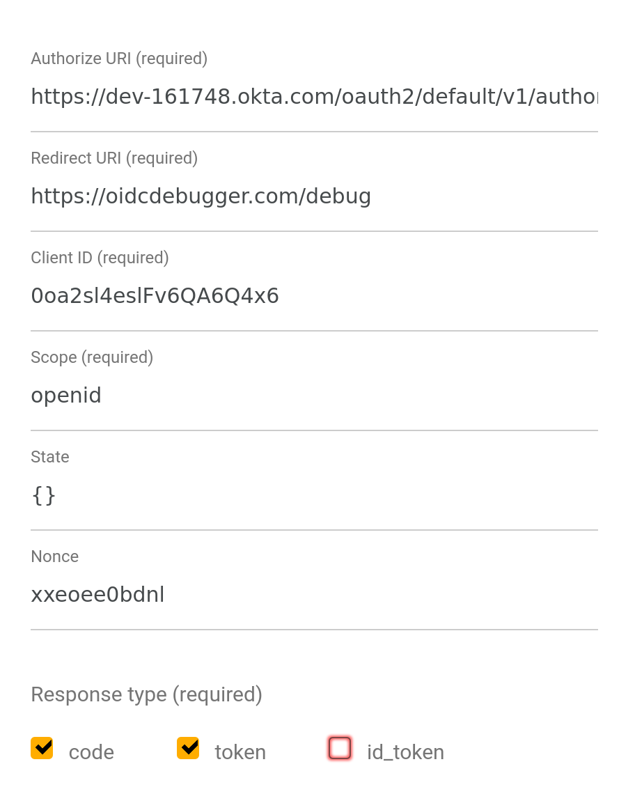 OIDC Debugger settings