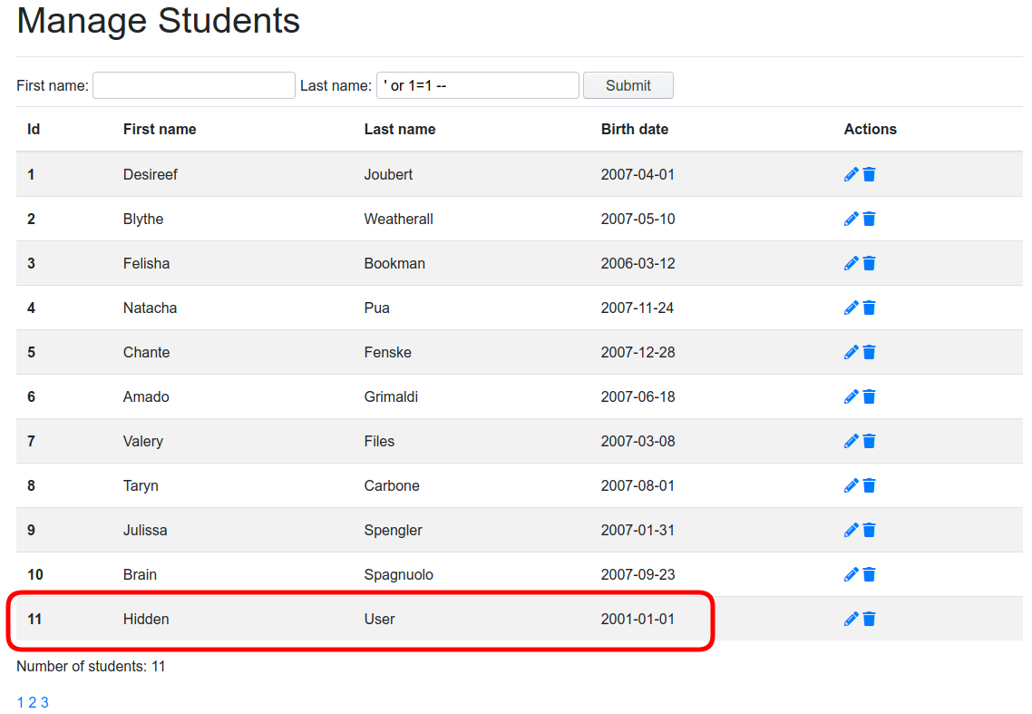 The full student list with a previously hidden student highlighted