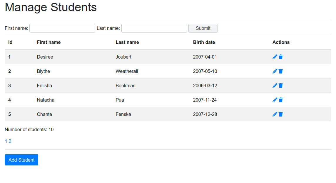 A table of student names and birthdays