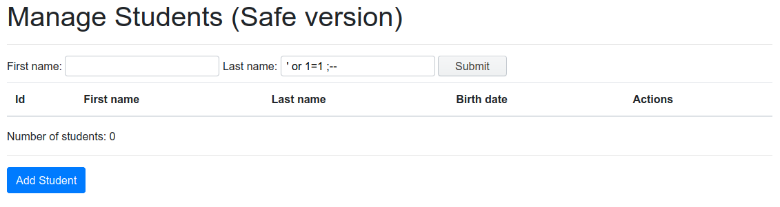The manage students form with a SQL injection string entered
