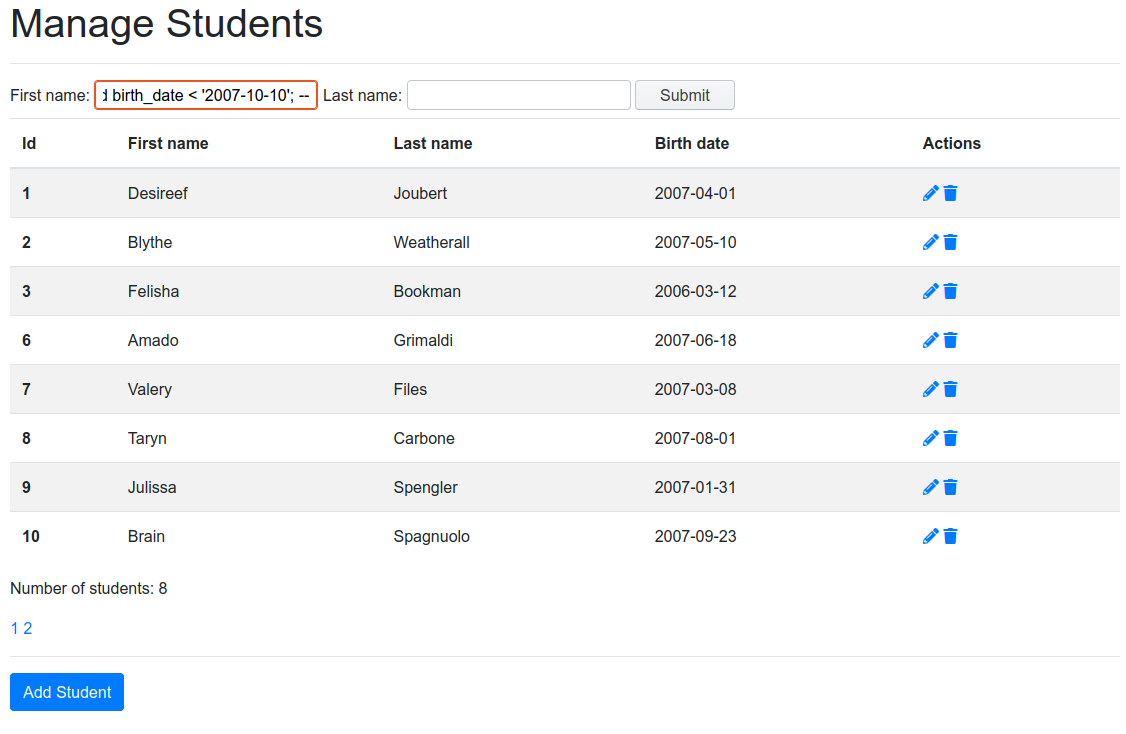 The student list showing all students with a birthday before the selected date