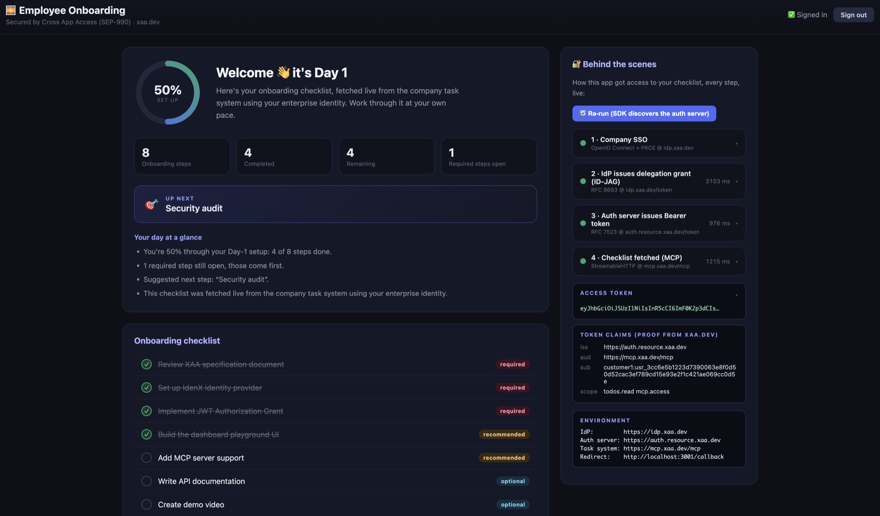 Employee onboarding dashboard showing a completed four-step Cross App Access flow with per-step timings, the issued access token, decoded token claims, and a to-do checklist fetched from the MCP server