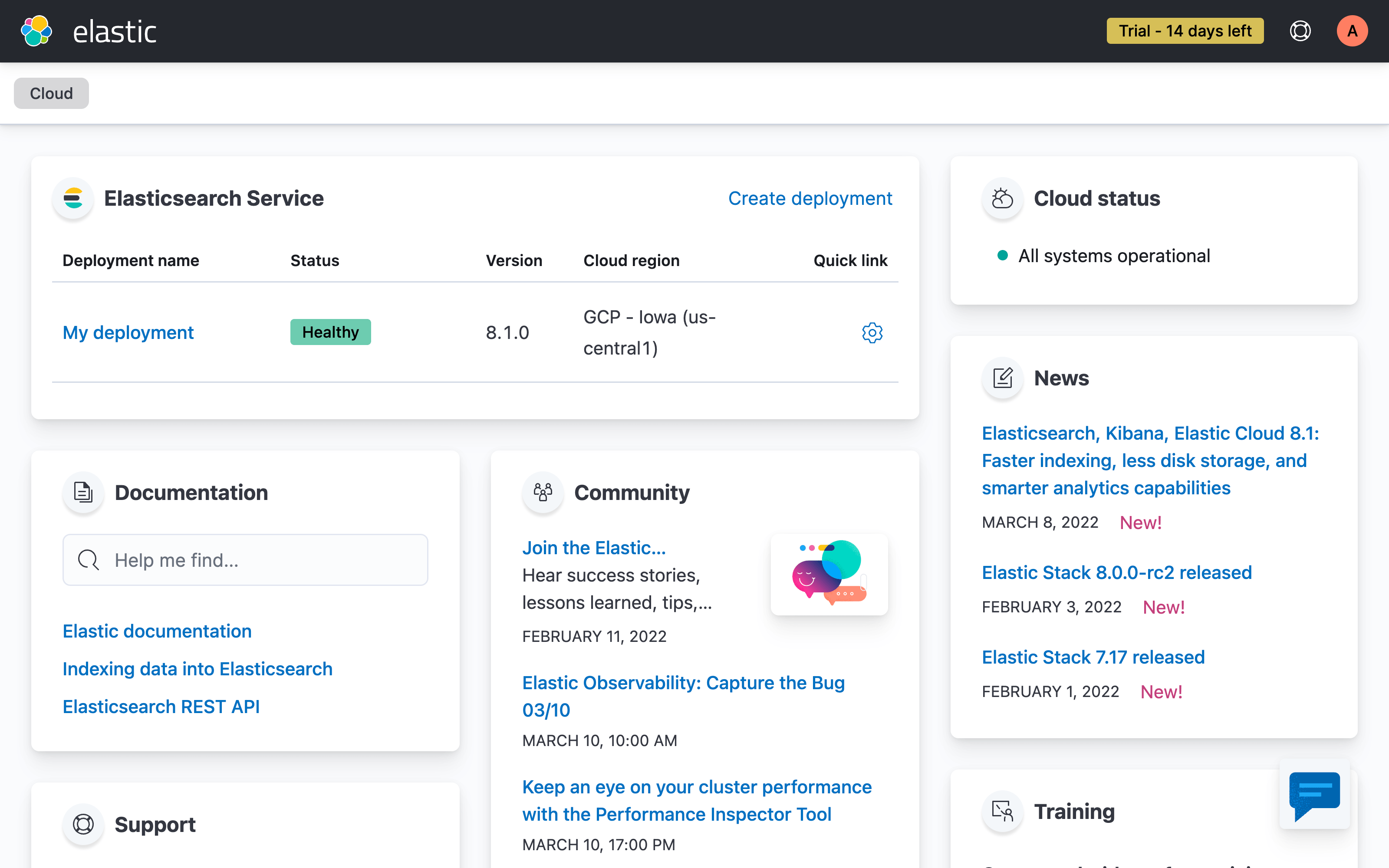 Elastic Cloud dashboard