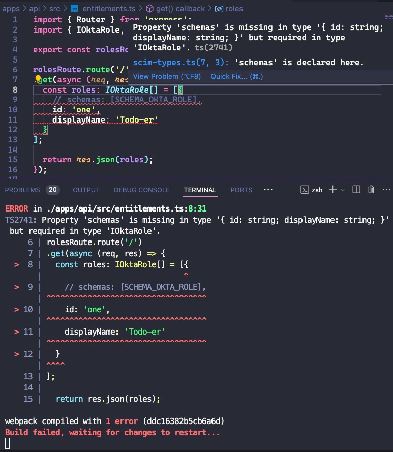 IDE and terminal showing the type error when `schemas` is commented out