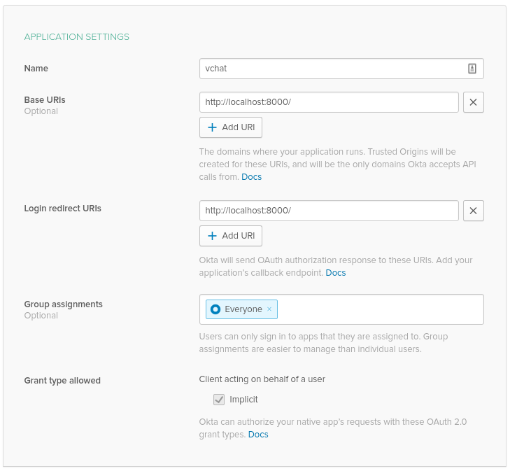 Okta app settings