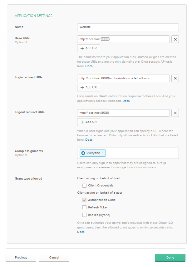 Okta Application Settings