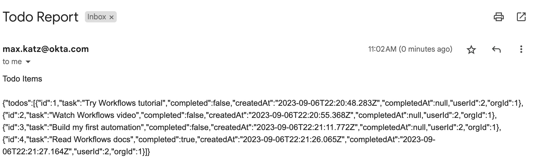 An email with the todo report