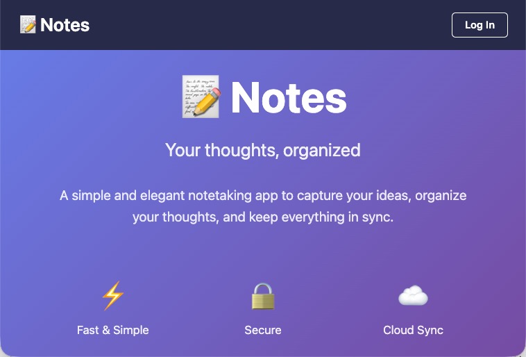 The notes app landing page with a log in button in the top header