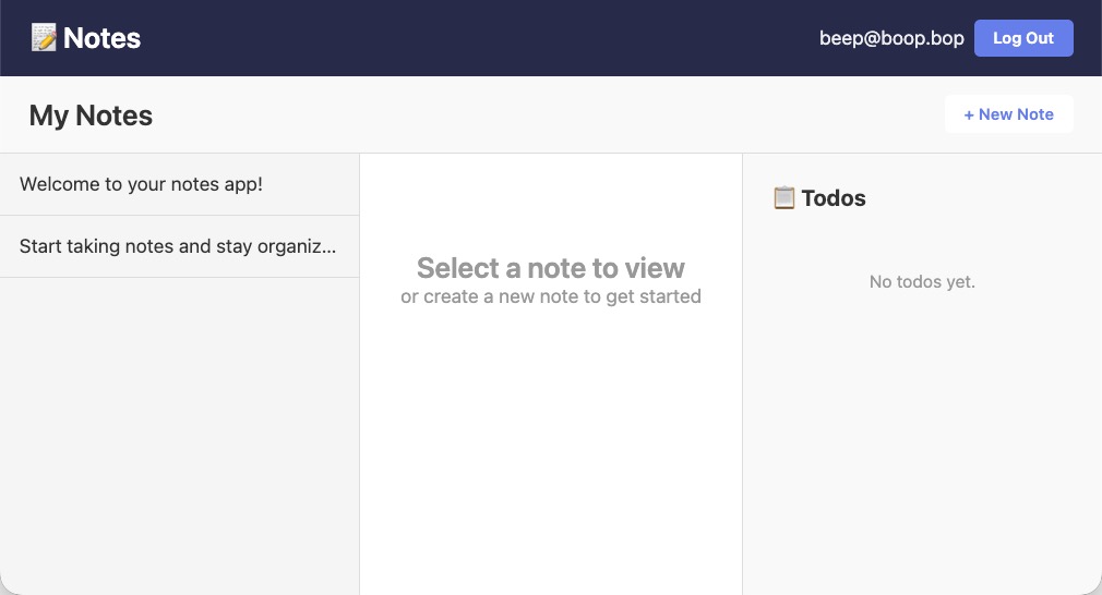 The notes app after signing in. The left nav has notes, the middle section displays the selected note, and the right side shows an empty todo pane
