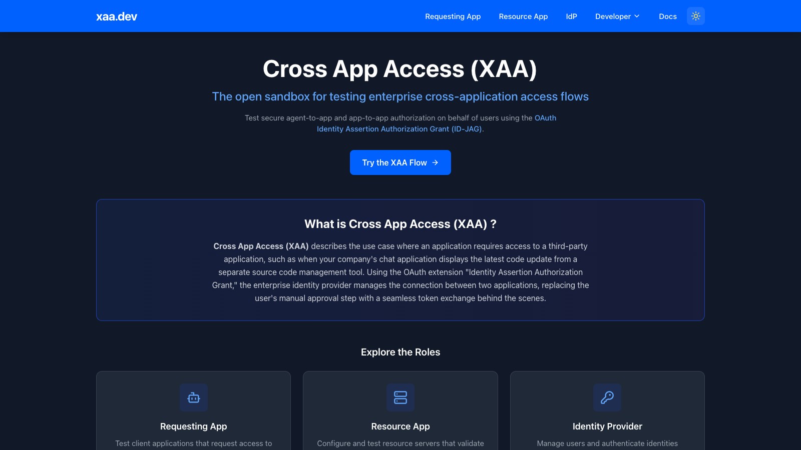 xaa.dev playground homepage showing the Cross App Access flow