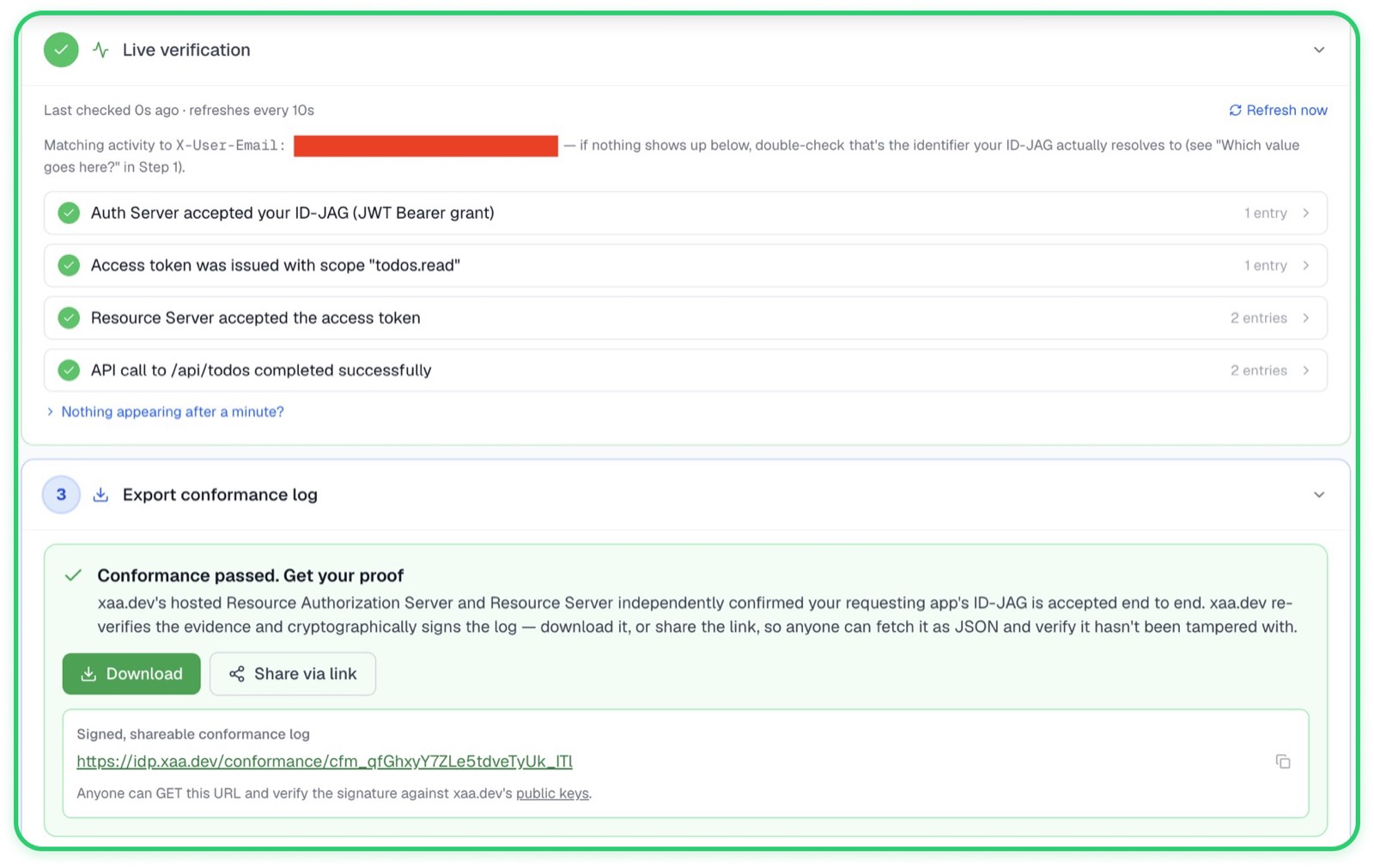 xaa.dev Live verification tab showing a green Conformance passed panel after a successful XAA flow.