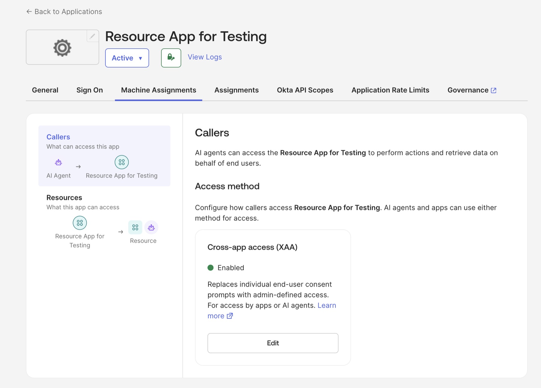 Machine Assignments tab of Resource App for Testing showing the Cross-app access (XAA) card with an Enabled status.